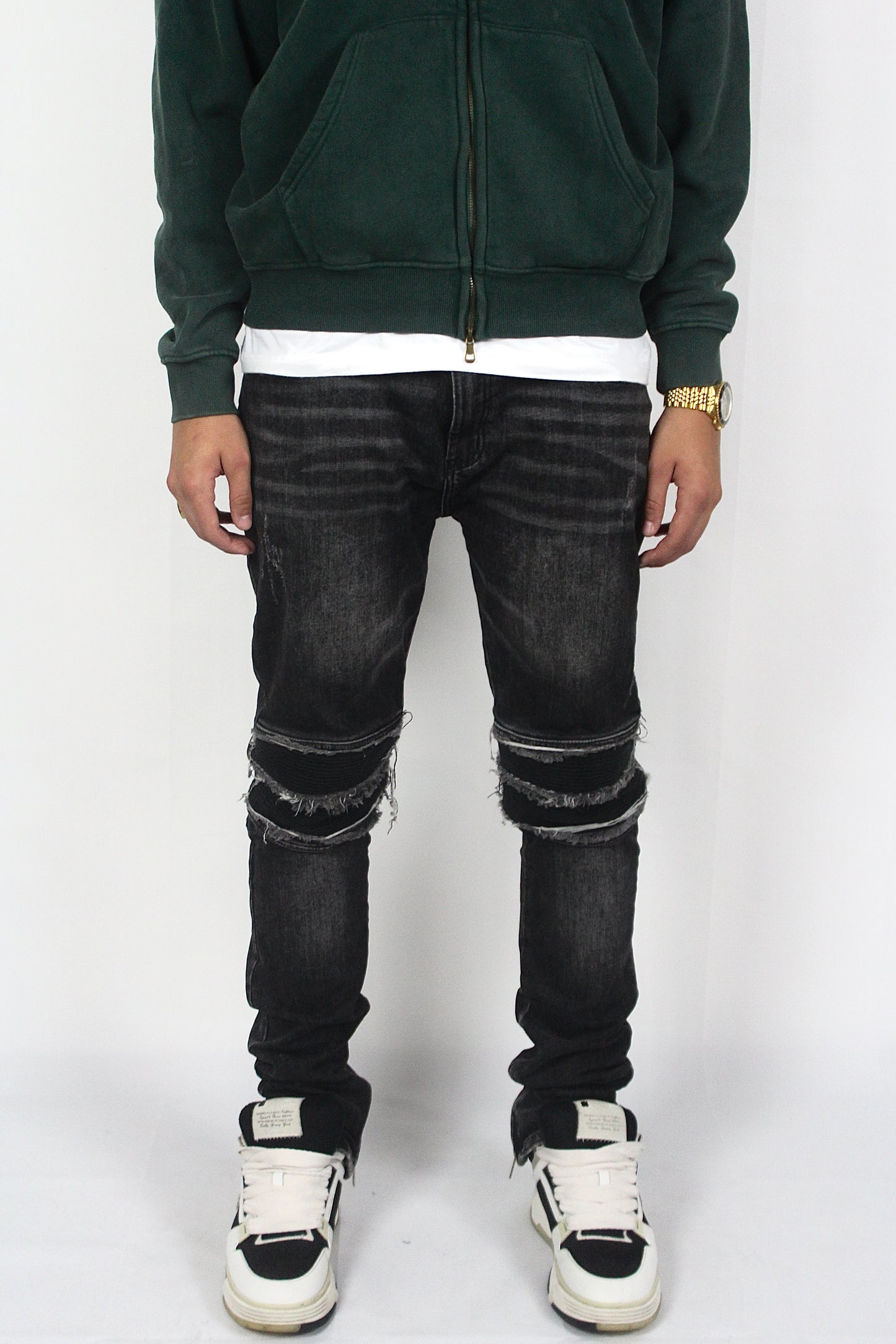 Jean zippé en denim délavé foncé